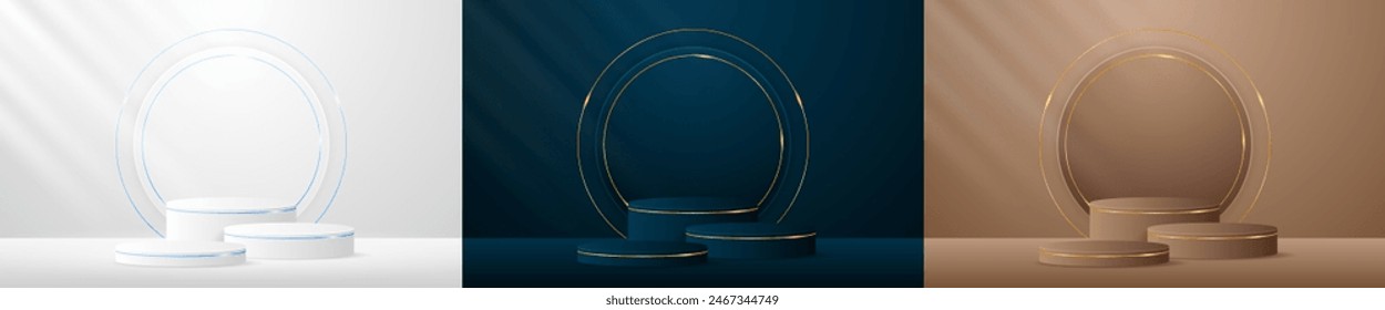 Set of white, blue, brown podiums for displaying advertisements. Display of cosmetic products. Stage or podium. vector illustration	