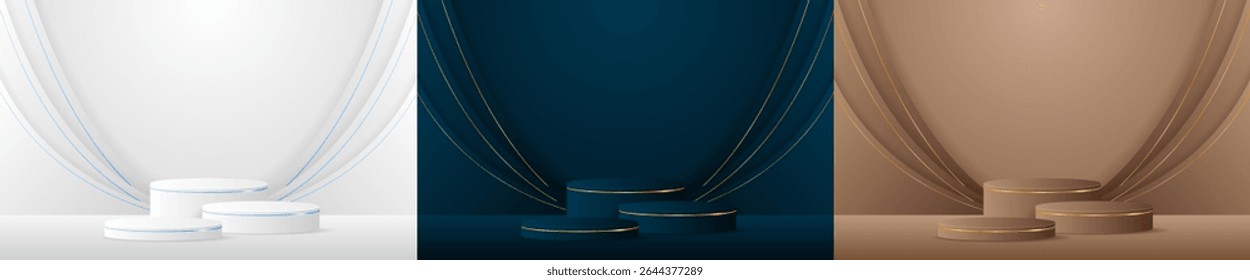 Set of white, blue, brown podiums for displaying advertisements. Display of cosmetic products. Stage or podium. vector illustration	