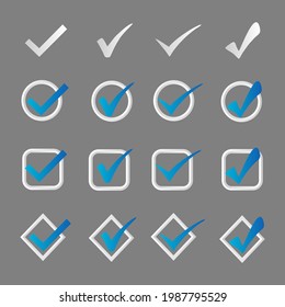 Set of white and blue checkmarks in a round button . The isolated blue buttons are ideal for mobile applications.