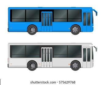 Set white, blue City bus template. Passenger transport. Vector illustration eps 10 isolated on white background.