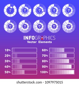 Set of  white and blue percentage charts for infographic, 10  20  30  40  50  60  70  80  90  100 percent. Round and rectangular percentage schedule. Vector information graphics.