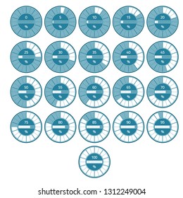 Set of  white and blue percentage charts for infographic - 10  20  30  40  50  60  70  80  90  100 percent. Round and rectangular percentage schedule. Intermediate digital values. Step - 5 percent.