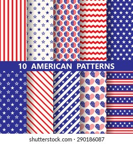 set of white , blue, red geometric american patterns, Patriotic design for memorial day. Swatches, vector endless texture can be used for wallpaper, pattern fills, web page,background,surface  