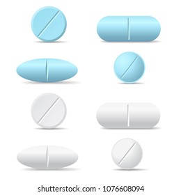 Conjunto de pastillas redondas y ovaladas blancas y azules de diversos tipos, vector aislado sobre fondo blanco con sombra