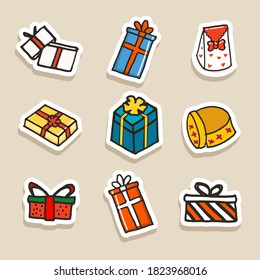 set of white bold outline gift box icon, vector illustration. flat design, hand drawn vector. doodle package for kids, sticker, clipart, logo. collection of gift box for christmas celebration. 
