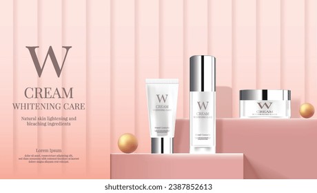 A set of white bottle skin care products advertising on podium with peach color background theme