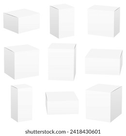 Set of white box mockup. Package mock up can be used for medicine and cosmetic. Vector 3D illustration isolated white background.