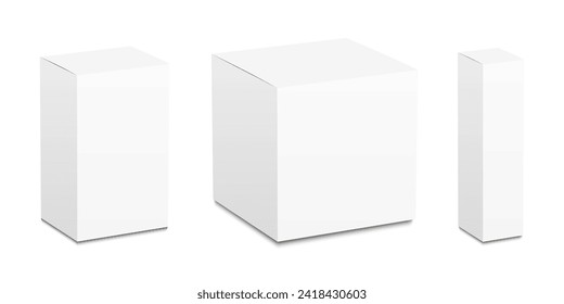 Set of white box mockup. Package mock up can be used for medicine and cosmetic. Vector 3D illustration isolated white background.