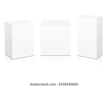 Set of white box mockup. Package mock up can be used for medicine and cosmetic. Vector 3D illustration isolated white background.