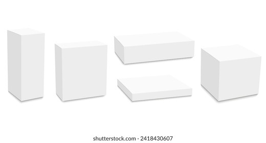 Conjunto de maquetas de caja blanca. El paquete de simulación puede usarse para medicamentos y cosméticos. Ilustración vectorial 3D fondo blanco aislado.