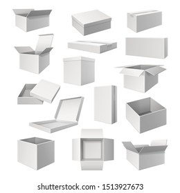 Conjunto de cajas blancas para la entrega de carga. Mochila realista o 3D para pizza. Recipiente para comida o regalo. Burla o cierre de almacenamiento cuadrado vacío. Paquete para envío. Entrega de flete para tienda, tienda. Ajustar