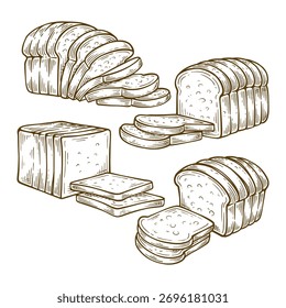 Set of white bread hand drawn illustration. White bread vector line art collection