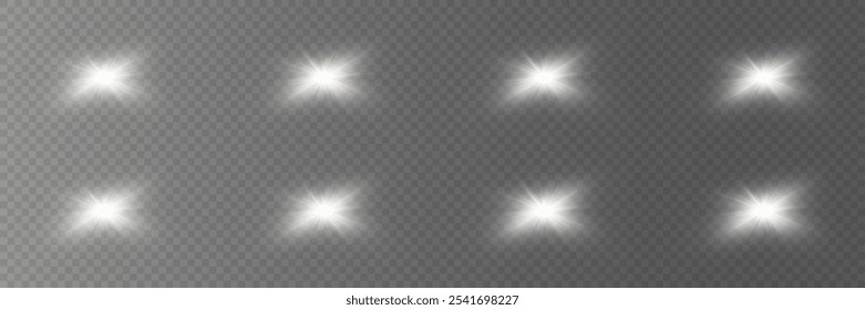 Set of white bright light effects and glares, star and light explosion, lens flare. Vector illustration