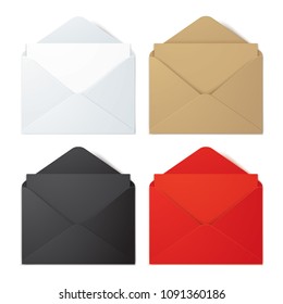 Set of white, brown, black and red vector envelopes, isolated on bacjground. Realistic vector envelope mockups.