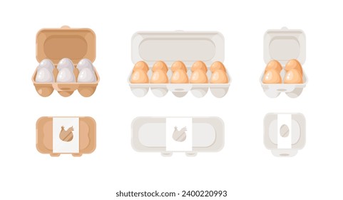 Eine Reihe von weißen und braunen Hühnereiern in geschlossenen und offenen Kartons. Ein Behälter oder Tablett zum Aufbewahren von Eiern. Bauernmarkt, frische ökologische Erzeugnisse. Flache Vektorgrafik