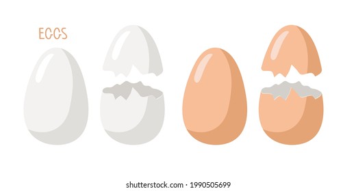 Juego de huevos blancos y marrones. Huevos enteros y rotos con cáscara de huevo. Ingrediente vegetal aislado de fondo blanco. Diseño plano para menú, café, restaurante, afiche, pancarta, emblema, pegatina.