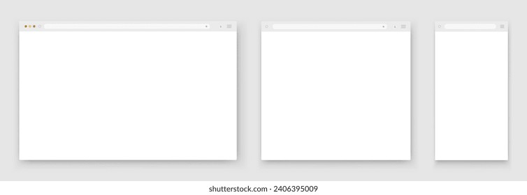 A set of white browser windows of different shapes on a light background. Website layout with search bar, toolbar and buttons. Vector illustration.