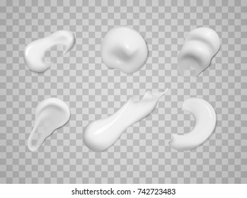 Set of white brush stroke isolated on plaid background. Transparency effect. Cream smear. Vector illustration.