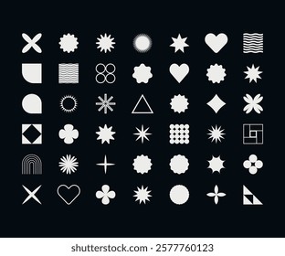 set of white brutalist geometric shapes on black background trendy minimalist basic figures modern graphic design element on black background vector illustration