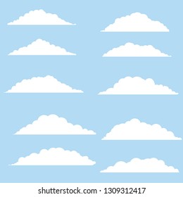 Set of white bubble clouds of different shapes. Nice summer weather. Element of nature and the sky. Cartoon flat illustration