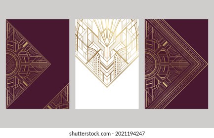 Set of white and burgundy cards with gold art deco ornament