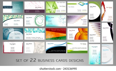 Set of white business cards designs with many shapes like circles, squares, triangles and other and with many colors.