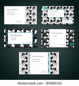 Set of white business cards with different items for horses and place for your text. Vector. Three colors - white, black and blue.