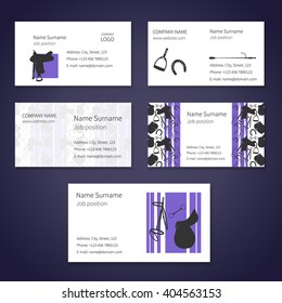 Set of white business cards with different items for horses and place for your text. Vector. Three colors - white, black and violet.