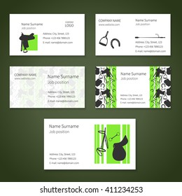 Set of white business cards with different items for horses and place for your text. Vector. Three colors - white, black and green.