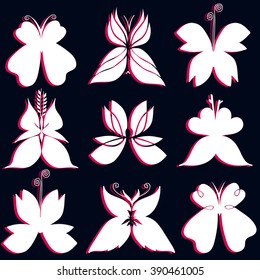 Set of white butterflies silhouette with red shadows, butterfly icons, EPS 8