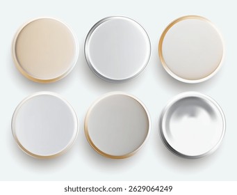 Set of white button badge. Template white badge mockup. Round badge button brooch. 3D Realistic white blank glossy round button badge pin. Vector illustration on white background.