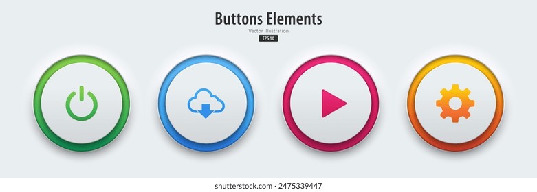 Eine Reihe von weißen Buttonen haben Neonlichter mit Strom, Spiel, Download und Einstellsymbole. 3D-Ikone im angesagten pneumorphen Stil für App, Websites, Interfaces. UI UX-Elemente. Vektorillustration.