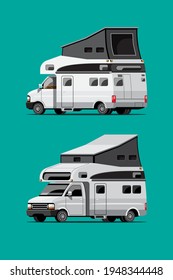 Satz weißer Campinganhänger, Wohnmobile oder Wohnwagen auf grünem Hintergrund, einzelne einzelne Vektorgrafik