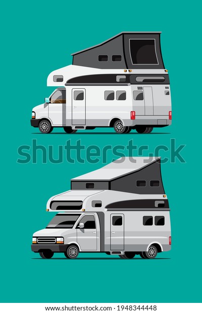 set of\
white camping trailers, travel mobile homes or caravan on green\
background, isolated flat Vector\
illustration