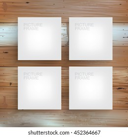 Set of white canvas frame on wooden wall. Vector picture frame background for interior design and decoration.