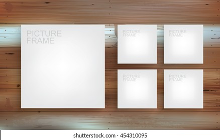 Set of white canvas frame on wooden wall. Vector picture frame background for interior design and decoration.
