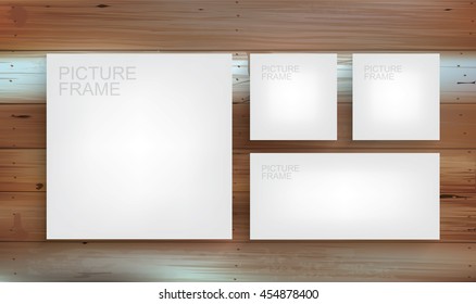 Set of white canvas frame on wooden wall. Vector picture frame background for interior design and decoration.