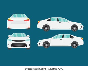 Set of white car view on blue backgruond,illustration vector,Side, front, back,Business sedan isolated