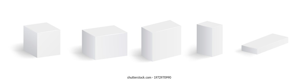 Set white cardboard boxes. Box 3d vector isolated mockups. Container package, cardboard box, mockup compact block. Vector illustration.