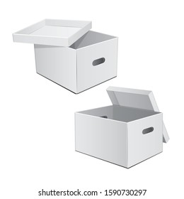 Set of white cardboard boxes with holes for hands. For storage or other purpose. Vector illustration for your design