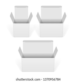 Set of white cardboard boxes mockups. Vector illustration