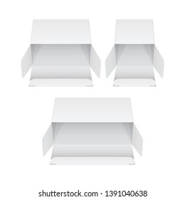 Set of white cardboard boxes mockups. Vector illustration