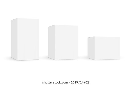 Set of white cardboard boxes mockups isolated on white background. Vector illustration