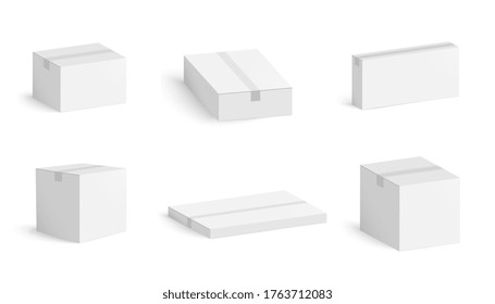 Set of white cardboard boxes with shadow isolated on white background. Carton packaging box. Vector illustration.