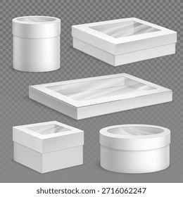 Um conjunto de caixas de papelão branco com janelas transparentes, embalagens isoladas sobre um fundo transparente