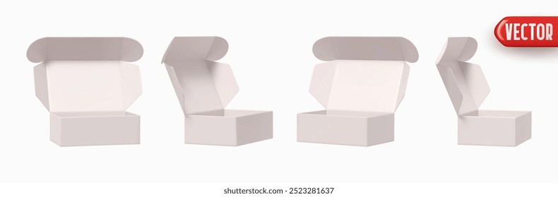 Set of white cardboard open boxes realistic 3d design isolated on white background. Collection of open paper box. vector illustration