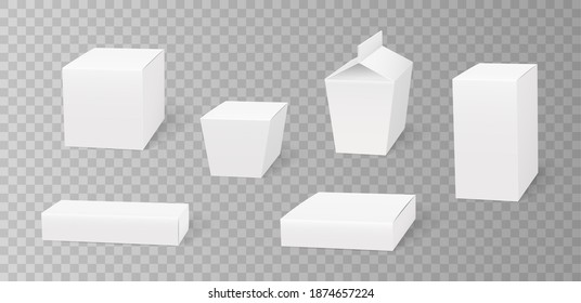 Set of white cardboard packages mock up 3d isolated template for branding design. Packaging for food, gift, cosmetics, medicines. Realistic vector illustration