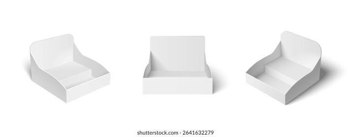 Set of white cardboard product display stands and holders. Blank promotional shelf ready for packages, countertop for retail exhibitors mockup isolated on white. 3d empty point of sale POS POPs.
