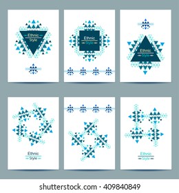 Set of white cards with ethnic design. Geometric abstract colorful brochure templates. Templates for invitations, postcards with ornaments. Vector illustration.
