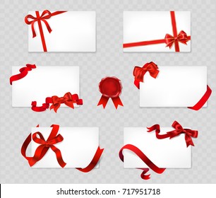 set of white cards with red bows and ribbons on transparent background. vector illustration